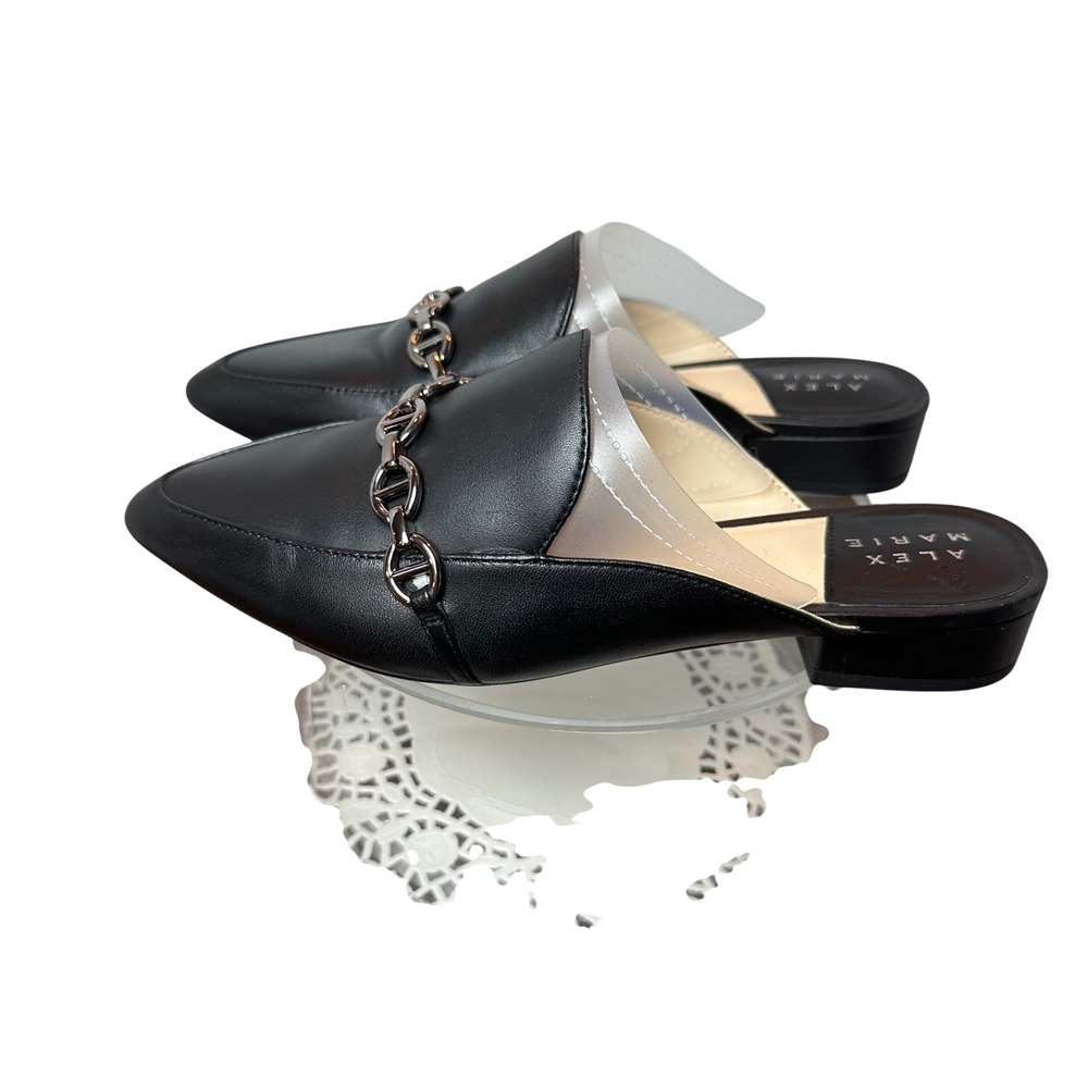 Alex Marie Black Leather Pointed Toe Chain Link Mules Low‎ Block Heel Shoes 6.5